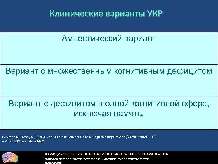 Клинические варианты УКР Амнестический вариант Вариант с множественным когнитивным дефицитом Вариант с дефицитом в