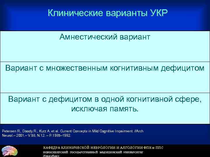 Клинические варианты УКР Амнестический вариант Вариант с множественным когнитивным дефицитом Вариант с дефицитом в