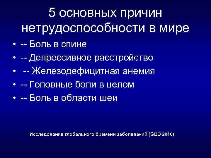5 основных причин нетрудоспособности в мире • • • Боль в спине Депрессивное расстройство