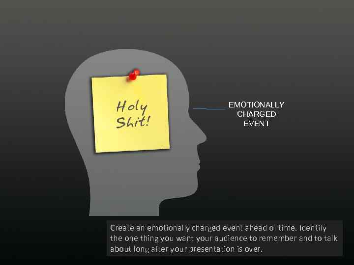 EMOTIONALLY CHARGED EVENT Create an emotionally charged event ahead of time. Identify the one