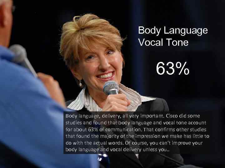 Body Language Vocal Tone 63% Body language, delivery, all very important. Cisco did some