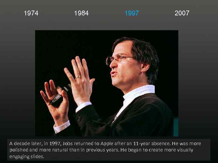 1974 1984 1997 2007 A decade later, in 1997, Jobs returned to Apple after