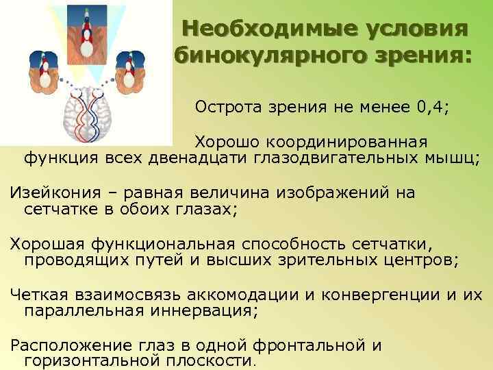  Необходимые условия бинокулярного зрения: Острота зрения не менее 0, 4; Хорошо координированная функция