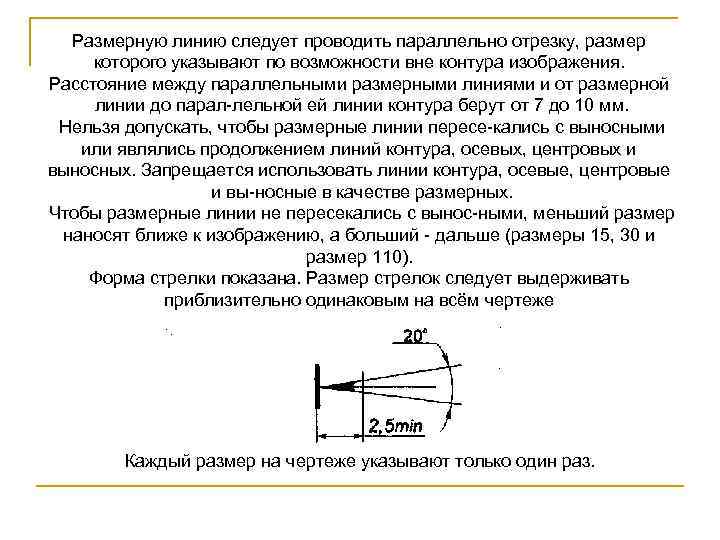 Размерную линию следует проводить параллельно отрезку, размер которого указывают по возможности вне контура изображения.