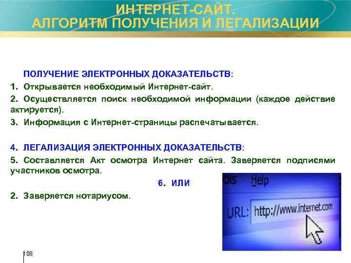 ИНТЕРНЕТ-САЙТ. АЛГОРИТМ ПОЛУЧЕНИЯ И ЛЕГАЛИЗАЦИИ ПОЛУЧЕНИЕ ЭЛЕКТРОННЫХ ДОКАЗАТЕЛЬСТВ: 1. Открывается необходимый Интернет-сайт. 2. Осуществляется