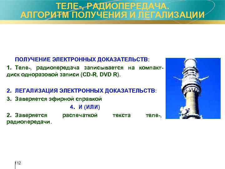 ТЕЛЕ-, РАДИОПЕРЕДАЧА. АЛГОРИТМ ПОЛУЧЕНИЯ И ЛЕГАЛИЗАЦИИ ПОЛУЧЕНИЕ ЭЛЕКТРОННЫХ ДОКАЗАТЕЛЬСТВ: 1. Теле-, радиопередача записывается на
