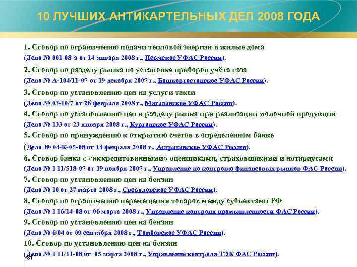 10 ЛУЧШИХ АНТИКАРТЕЛЬНЫХ ДЕЛ 2008 ГОДА 1. Сговор по ограничению подачи тепловой энергии в