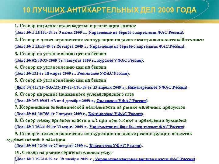 10 ЛУЧШИХ АНТИКАРТЕЛЬНЫХ ДЕЛ 2009 ГОДА 1. Сговор на рынке производства и реализации спичек