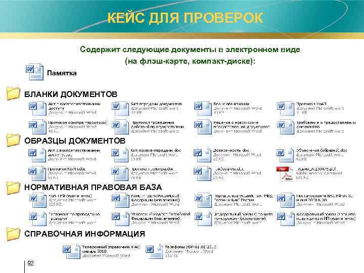  КЕЙС ДЛЯ ПРОВЕРОК Содержит следующие документы в электронном виде (на флэш-карте, компакт-диске): Памятка