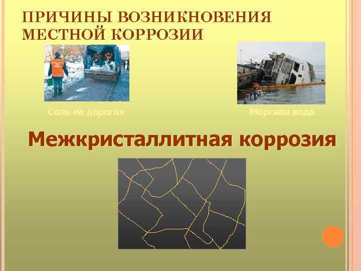 ПРИЧИНЫ ВОЗНИКНОВЕНИЯ МЕСТНОЙ КОРРОЗИИ Соль на дорогах Морская вода Межкристаллитная коррозия 