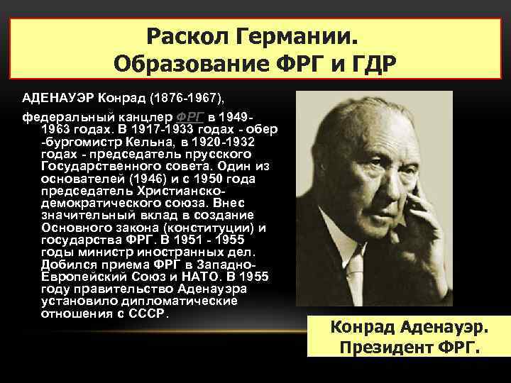 Раскол Германии. Образование ФРГ и ГДР АДЕНАУЭР Конрад (1876 -1967), федеральный канцлер ФРГ в