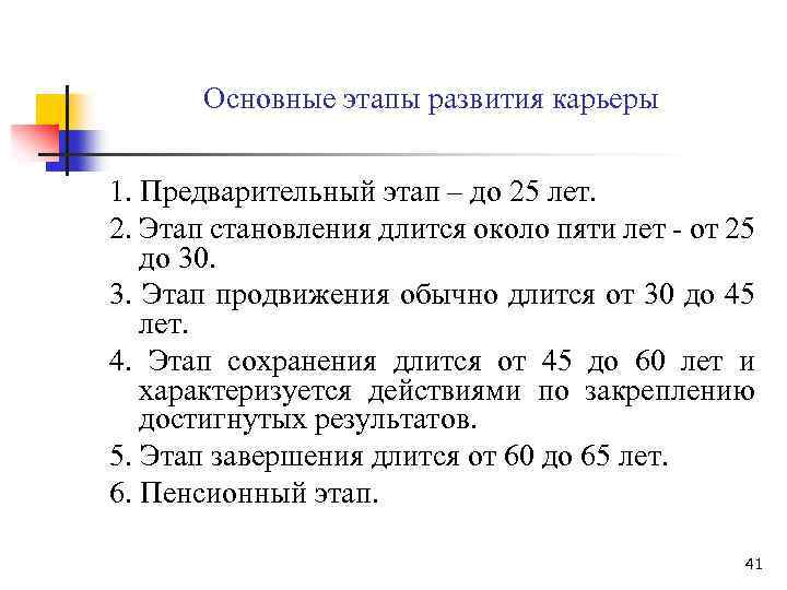 Основные этапы развития карьеры 1. Предварительный этап – до 25 лет. 2. Этап становления