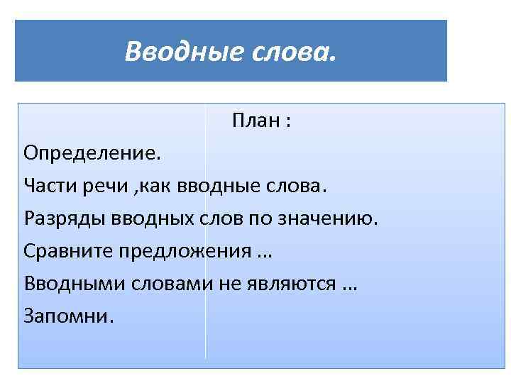 Вводные слова. План : Определение. Части речи , как вводные слова. Разряды вводных слов