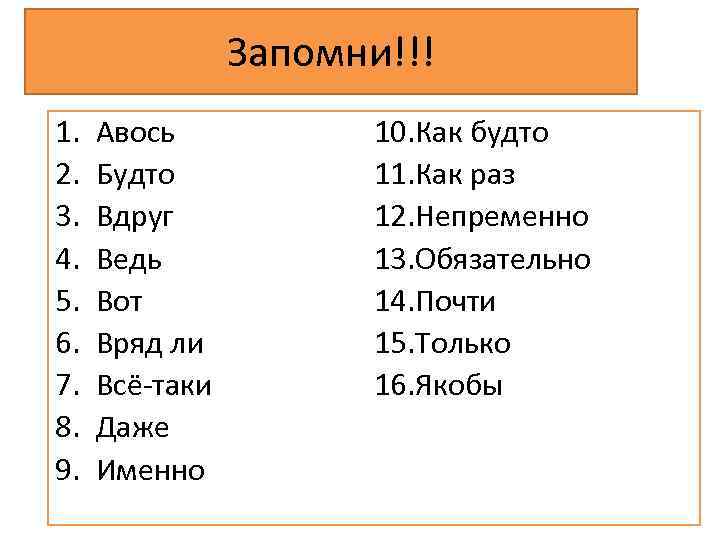 Запомни!!! 1. 2. 3. 4. 5. 6. 7. 8. 9. Авось Будто Вдруг Ведь
