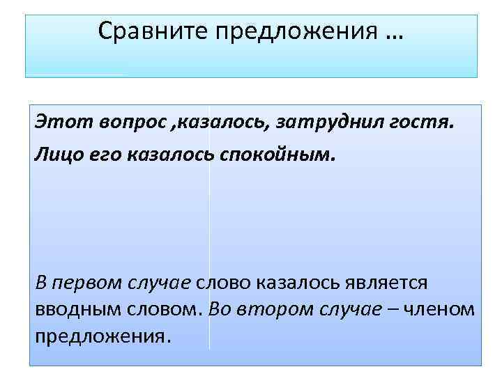 Сравните предложения … Этот вопрос , казалось, затруднил гостя. Лицо его казалось спокойным. В