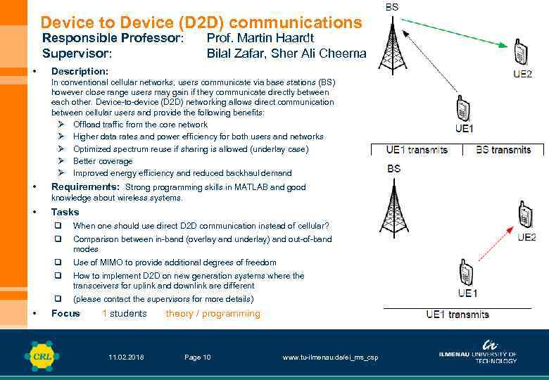 Device to Device (D 2 D) communications Responsible Professor: Supervisor: • Prof. Martin Haardt