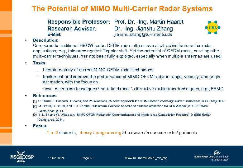 The Potential of MIMO Multi-Carrier Radar Systems Responsible Professor: Prof. Dr. -Ing. Martin Haardt