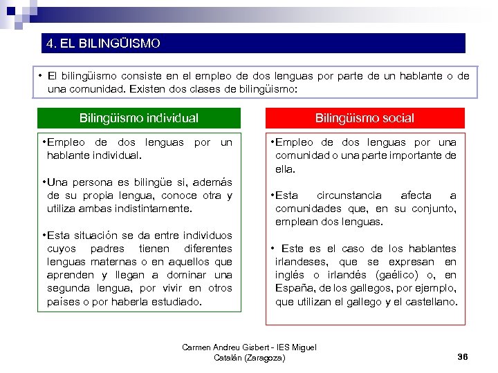 4. EL BILINGÜISMO • El bilingüismo consiste en el empleo de dos lenguas por