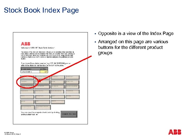 Stock Book Index Page § § © ABB Group 18 March 2018 | Slide