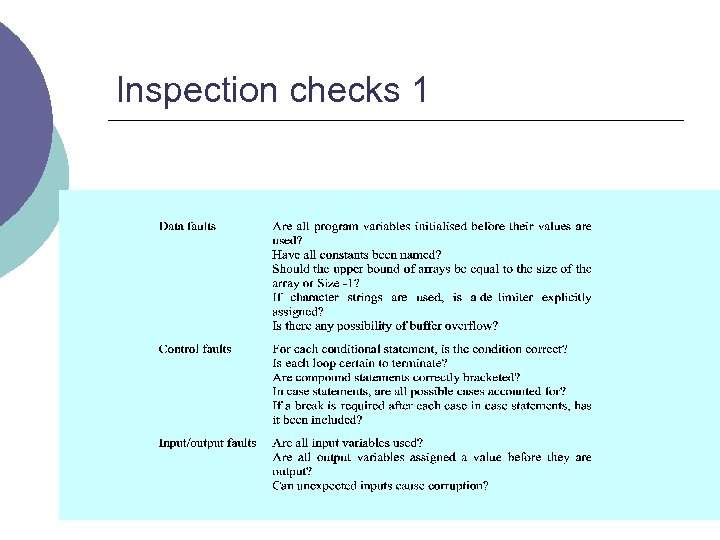 Inspection checks 1 