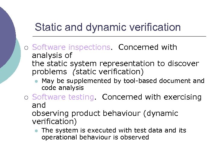 Static and dynamic verification ¡ Software inspections. Concerned with analysis of the static system