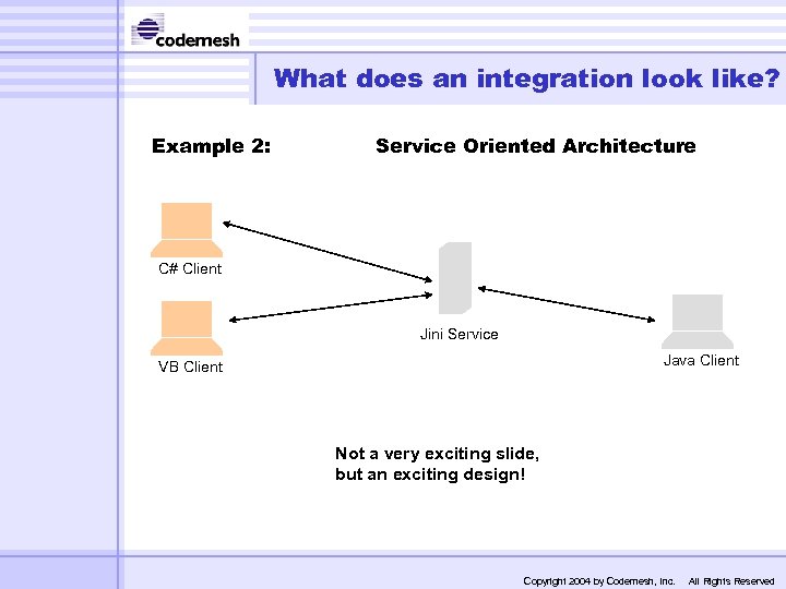 What does an integration look like? Example 2: Service Oriented Architecture C# Client Jini