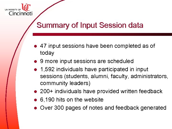 Summary of Input Session data l l l 47 input sessions have been completed