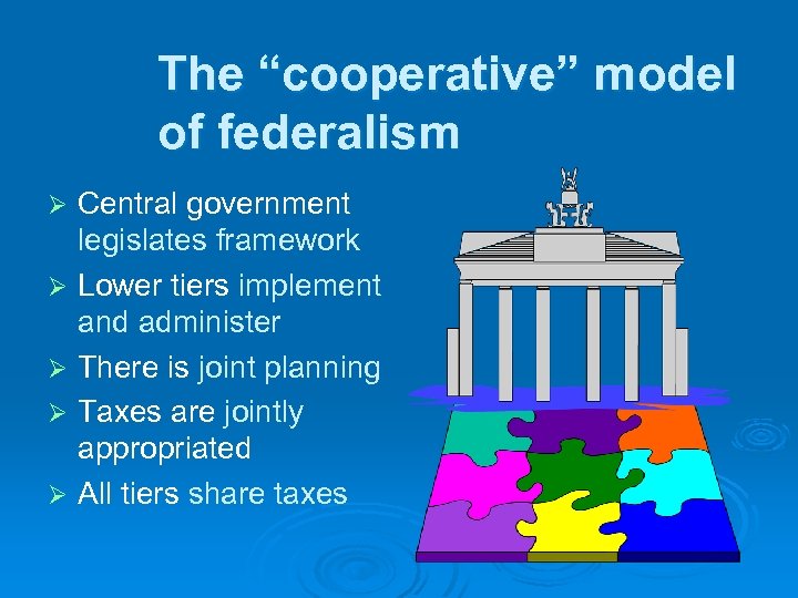 The “cooperative” model of federalism Ø Ø Ø Central government legislates framework Lower tiers