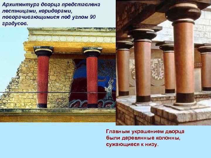 Архитектура дворца представлена лестницами, коридорами, поворачивающимися под углом 90 градусов. Главным украшением дворца были