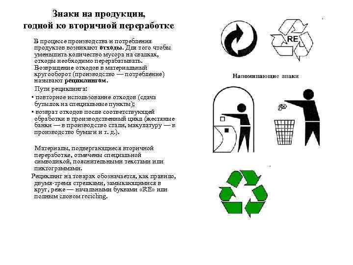 Знаки на продукции, годной ко вторичной переработке В процессе производства и потребления продуктов возникают
