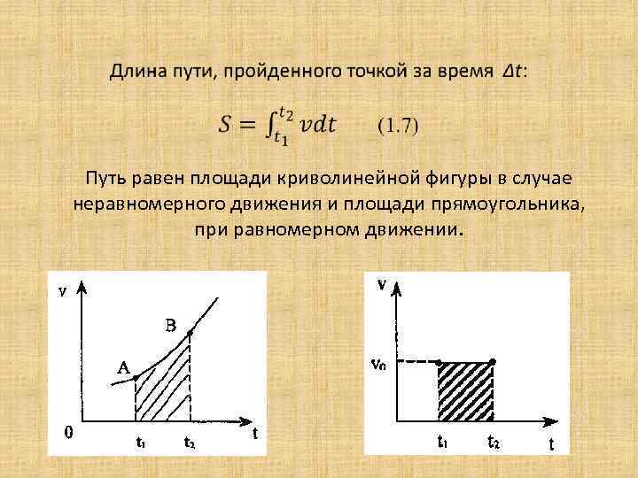  Путь равен площади криволинейной фигуры в случае неравномерного движения и площади прямоугольника, при
