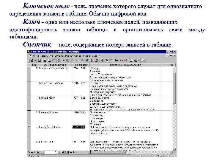 Ключевое поле – поле, значение которого служат для однозначного определения записи в таблице. Обычно