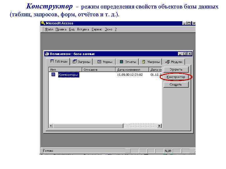 Конструктор режим определения свойств объектов базы данных (таблиц, запросов, форм, отчётов и т. д.