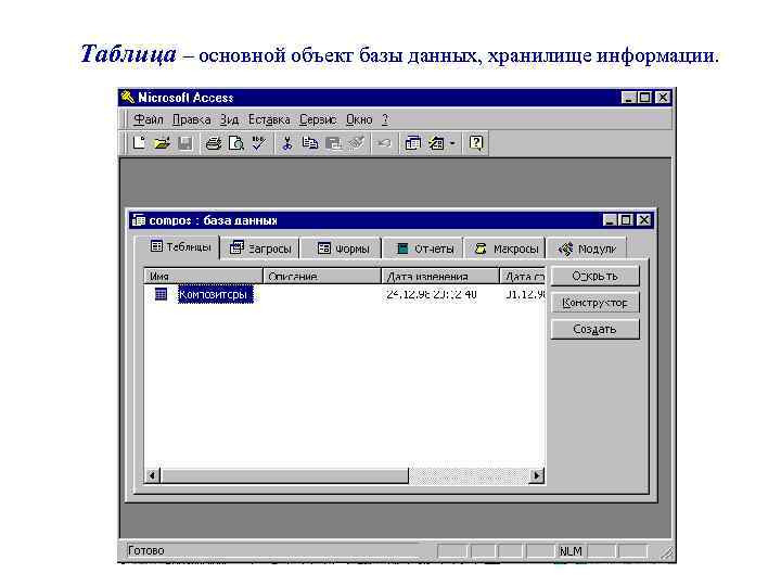 Таблица – основной объект базы данных, хранилище информации. 