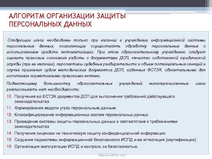 АЛГОРИТМ ОРГАНИЗАЦИИ ЗАЩИТЫ ПЕРСОНАЛЬНЫХ ДАННЫХ Следующие шаги необходимы только при наличии в учреждении информационной