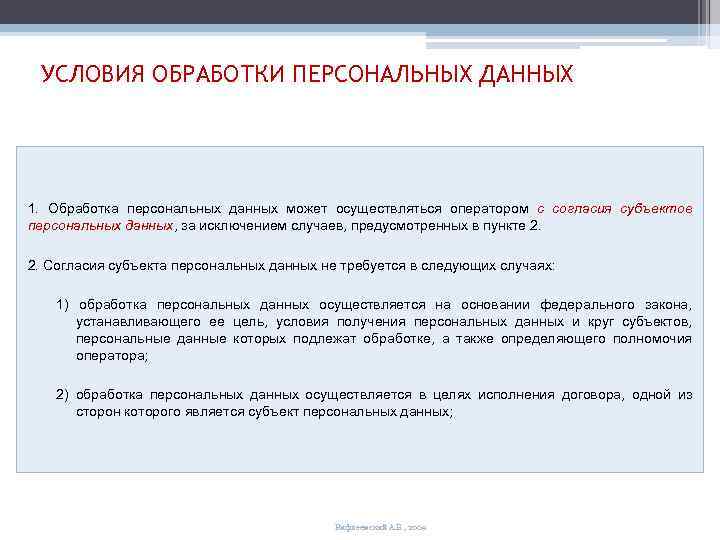 УСЛОВИЯ ОБРАБОТКИ ПЕРСОНАЛЬНЫХ ДАННЫХ 1. Обработка персональных данных может осуществляться оператором с согласия субъектов