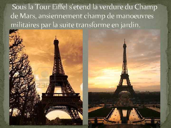 Sous la Tour Eiffel s’etend la verdure du Champ de Mars, ansiennement champ de