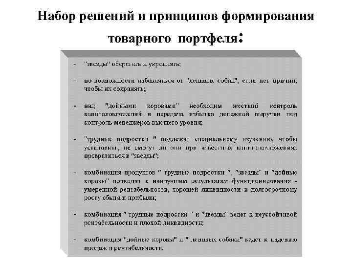 Набор решений и принципов формирования товарного портфеля: 