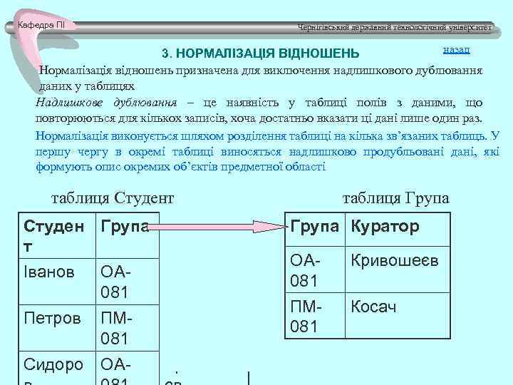 Кафедра ПІ Чернігівський державний технологічний університет назад 3. НОРМАЛІЗАЦІЯ ВІДНОШЕНЬ Нормалізація відношень призначена для