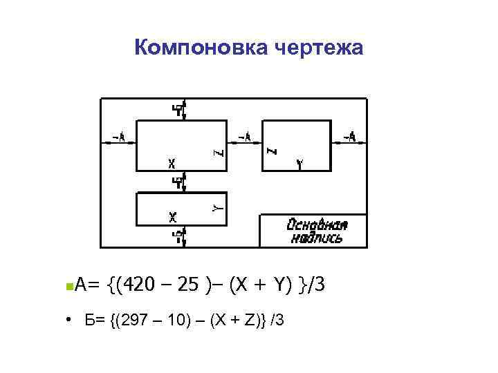Компоновка чертежа n А= {(420 – 25 )– (Х + Y) }/3 • Б=
