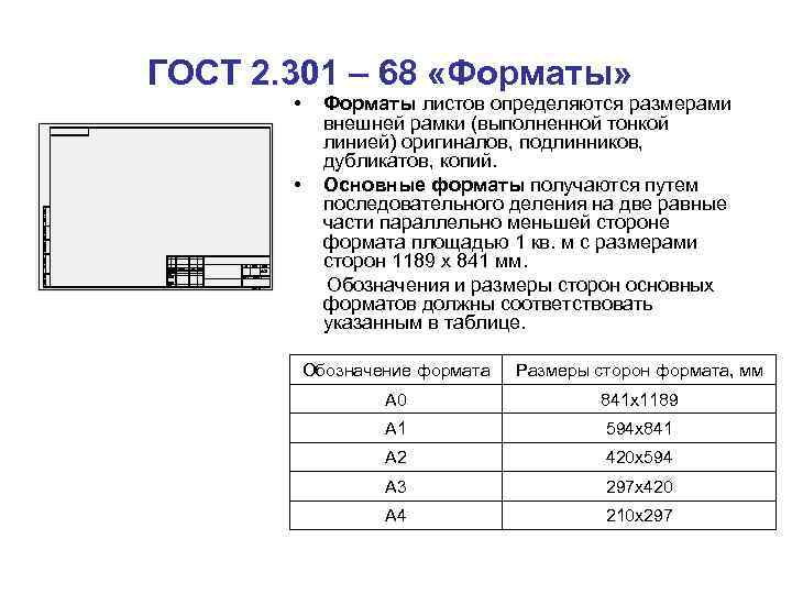 ГОСТ 2. 301 – 68 «Форматы» • Фоpматы листов опpеделяются pазмеpами внешней pамки (выполненной