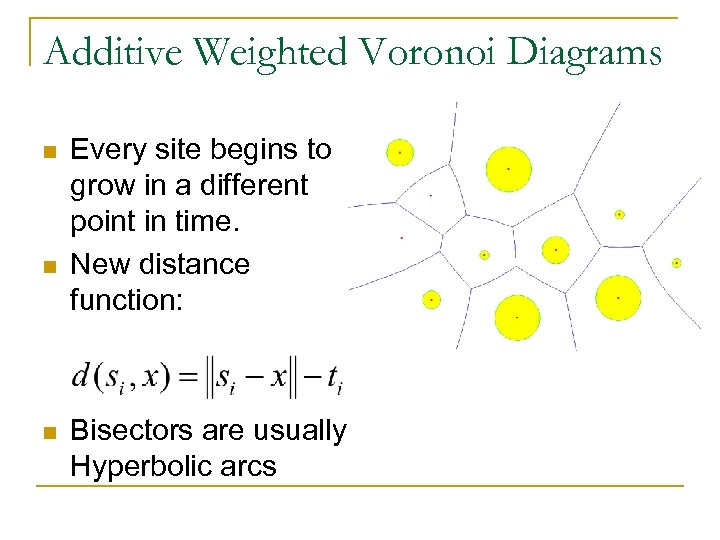 Additive Weighted Voronoi Diagrams n n n Every site begins to grow in a