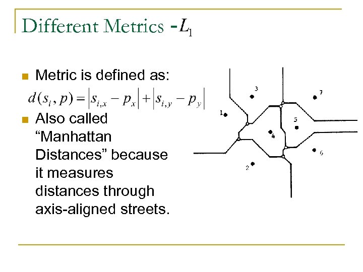 Different Metrics - n Metric is defined as: n Also called “Manhattan Distances” because