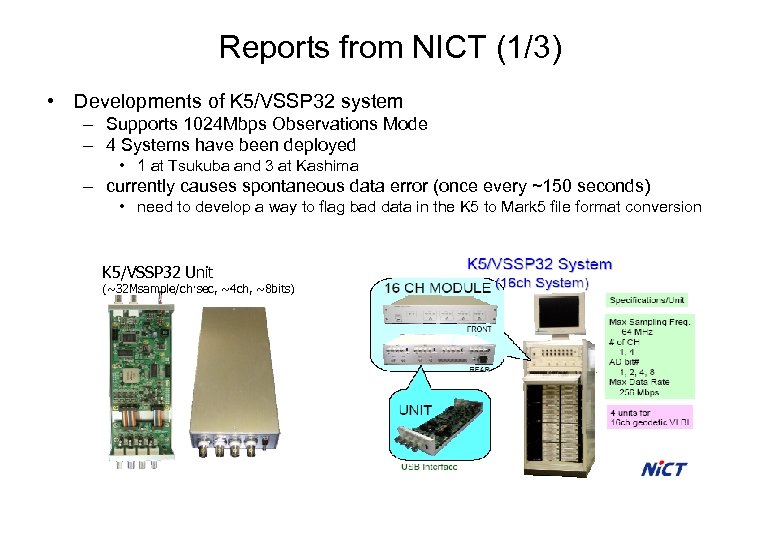 Reports from NICT (1/3) • Developments of K 5/VSSP 32 system – Supports 1024