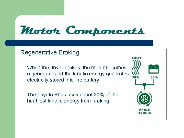 Motor Components Regenerative Braking When the driver brakes, the motor becomes a generator and