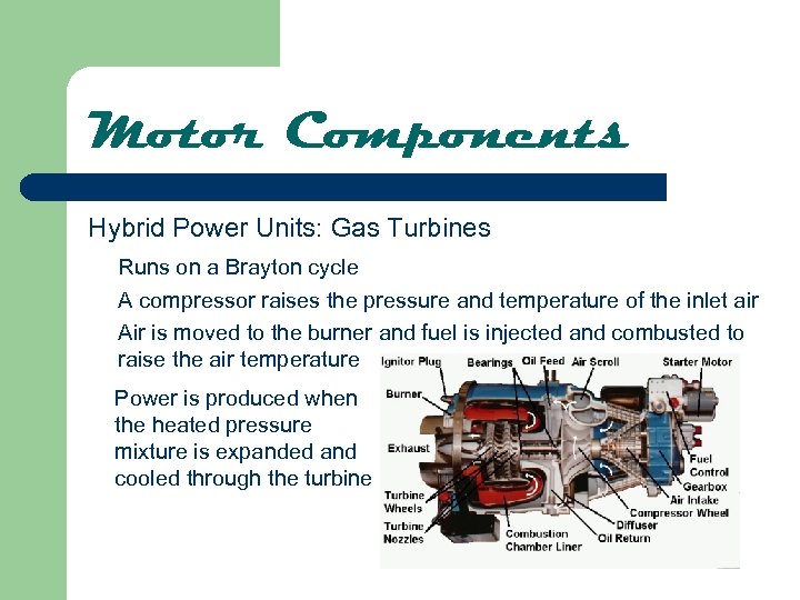 Motor Components Hybrid Power Units: Gas Turbines Runs on a Brayton cycle A compressor