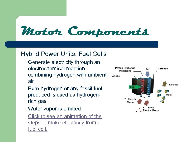 Motor Components Hybrid Power Units: Fuel Cells Generate electricity through an electrochemical reaction combining