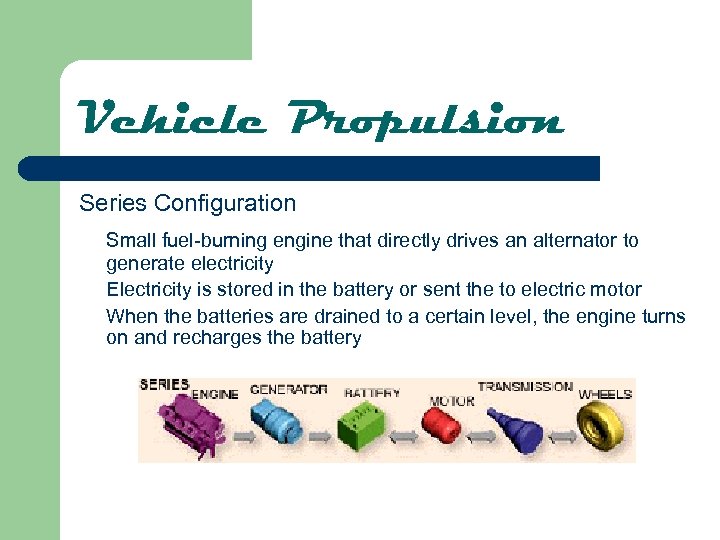 Vehicle Propulsion Series Configuration Small fuel-burning engine that directly drives an alternator to generate