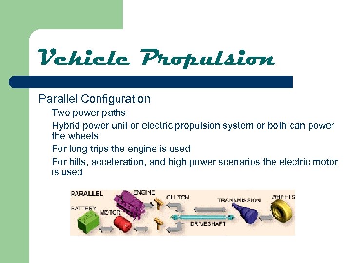 Vehicle Propulsion Parallel Configuration Two power paths Hybrid power unit or electric propulsion system