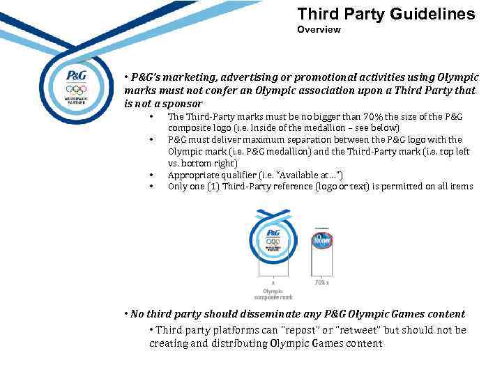 Third Party Guidelines Overview • P&G’s marketing, advertising or promotional activities using Olympic marks